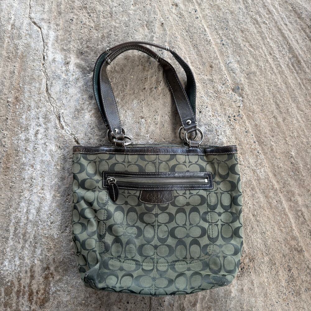 Coach Signature Tote Bag Olive Green Leather Trim Y2K Jacquard Shoulder Handles